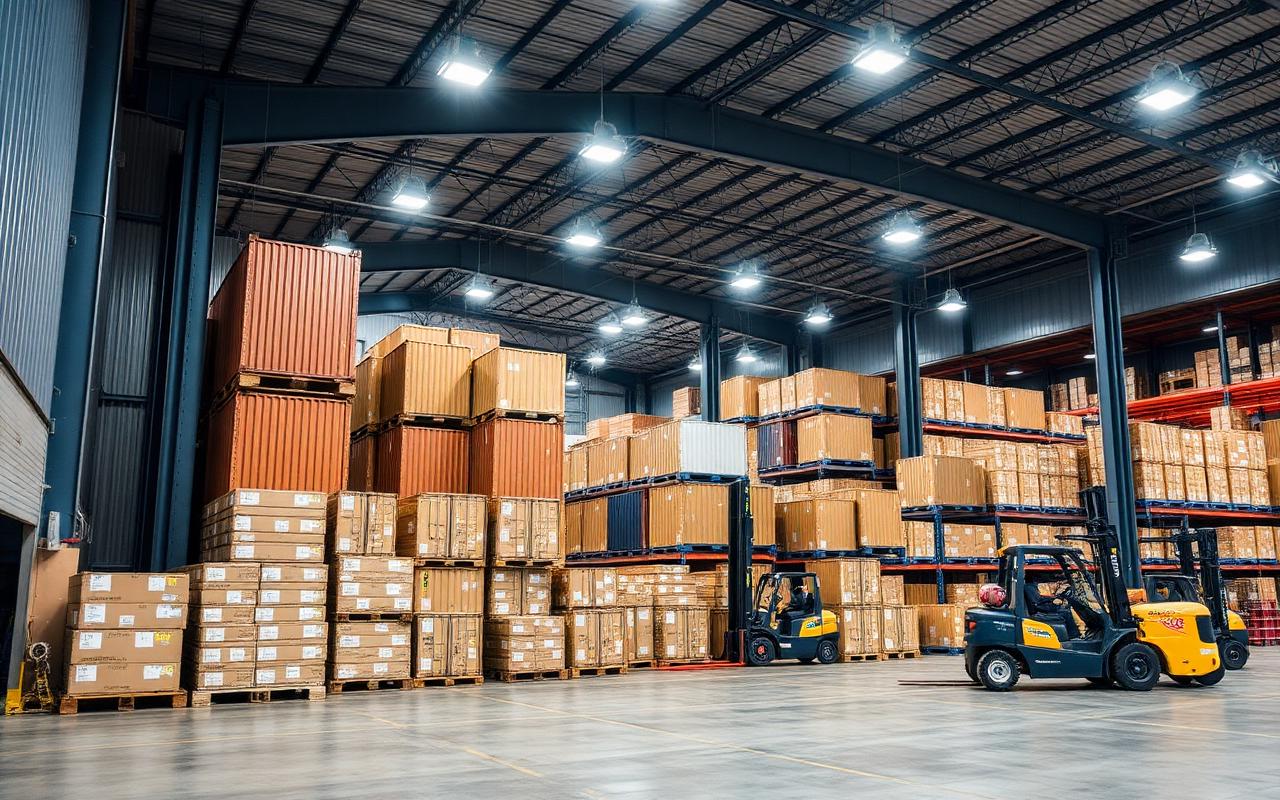 Centro de distribuição com containers e empilhadeiras